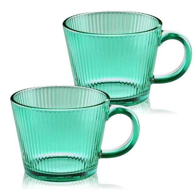 TkoYuHm 13oz Vintage Coffee Mugs 2 pack Striped Glass Tea Cups with Handle Stackable Green Espresso Cup for Cappuccino Latte Beverages