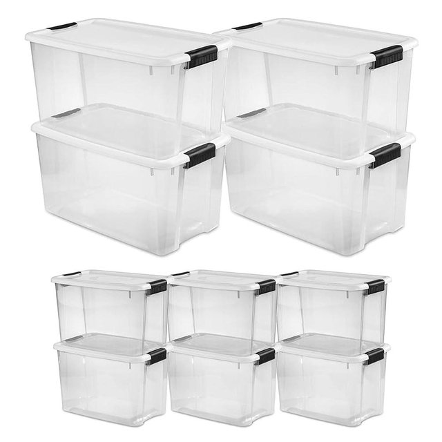 Sterilite 70 Quart (4 Pack) & 30 Quart (6 Pack) Clear Plastic Stackable Storage Container Bin Box Tote with White Latching Lid Organizing Solution