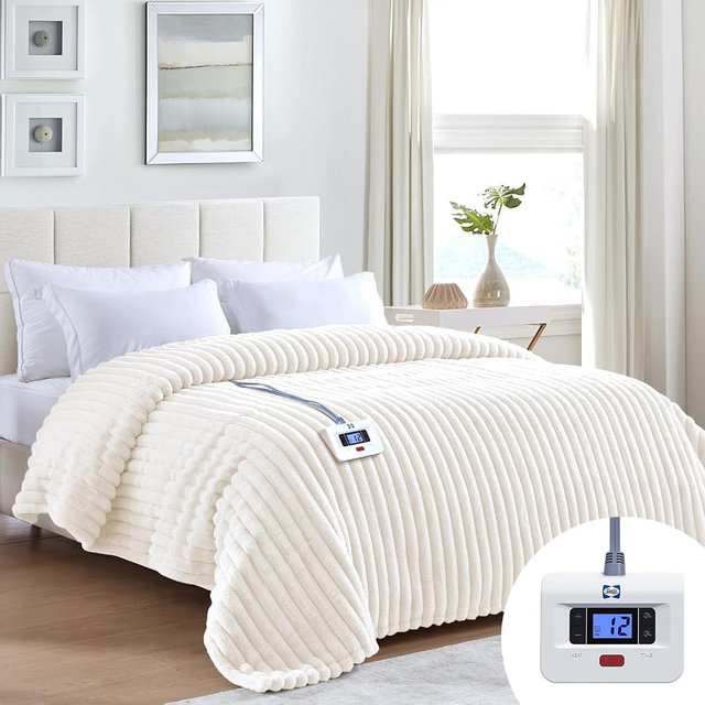 Sealy Electric Blanket Full Size 72"*84",Super Cozy Faux Fur to Sherpa Reversible Heated Blanket Full Size with 10 Heating Levels & 1-12 Hours Auto Off Overheating Protection Machine Washable,Beige