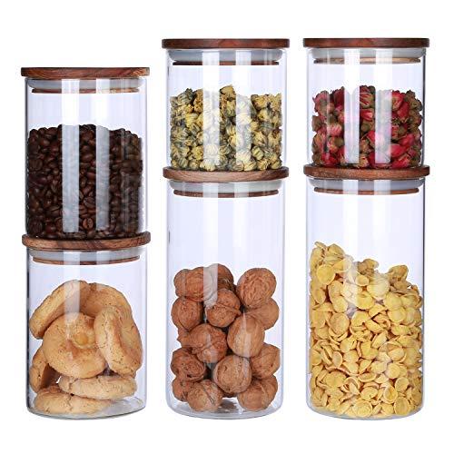KKC Borosilicate Glass Storage Jars with Airtight Lids,Kitchen Glass Storage Containers with Wood Lids,Sealed Kitchen Canisters Glass for Sugar,Candy,Coffee Beans,Loose Tea,Clear Cannisters,Pack of 6