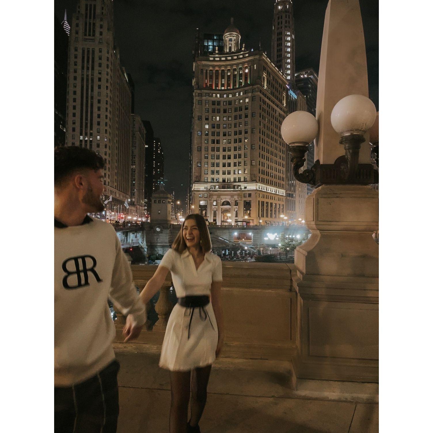 When we went out for dinner in Chicago one month into dating and pretended to get engaged (we got free appetizers and dessert!)