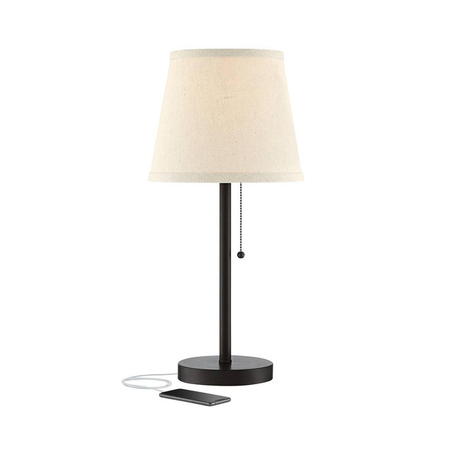 360 Lighting Flesner Modern Desk Table Lamp with Hotel Style USB and AC Power Outlet in Base 20" High Bronze Metal Oatmeal Drum Shade for Living Room Bedroom House Bedside Nightstand Home