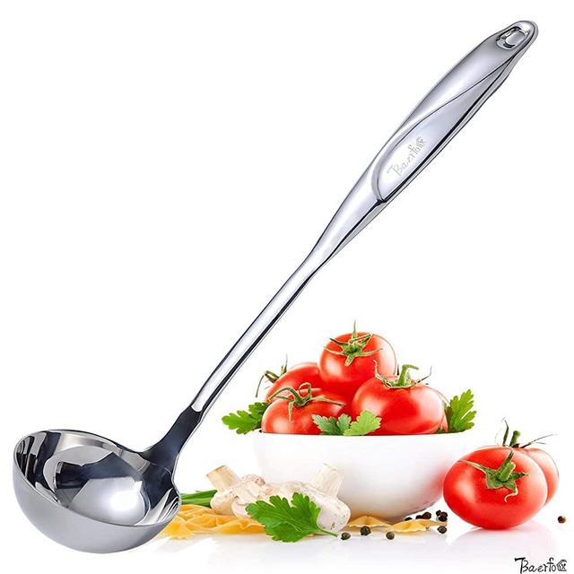 BAERFO Soup Ladle with Grooves on the Handle,Cooking Ladle for Soup 1-Pcs Stainless Steel Soup Ladle,Gift Packing (Mirror Polishing)