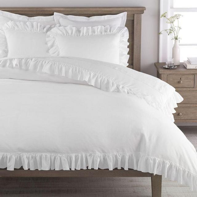 Belgian Flax Linen Fringe Ruffle Duvet, King/Cal King, White