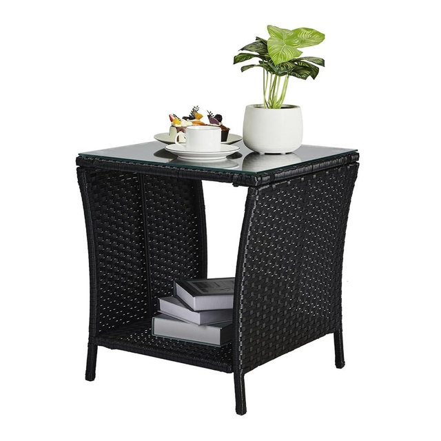 VINGLI Outdoor Wicker Side Table Patio Side Tables for Outside, Tempered Glass Top Wicker Table with Storage End Table for Balcony Porch Deck (Black)