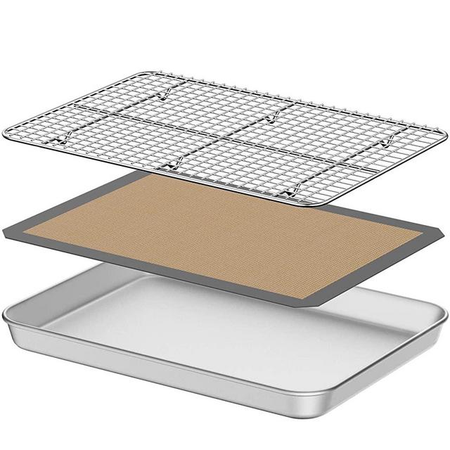 Baking Sheet with Silicone Mat, Umite Chef 18 inch Cookie Sheet Baking Pan, Non Toxic Silicone Baking Mat & Stainless Steel Cooling Rack Heavy Duty & Easy Clean
