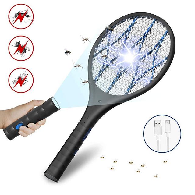 INTELABE Bug Zapper, Mosquito Killer USB Rechargeable Electric Fly Swatter for Home, Outdoor, Powerful 4000V Grid, Detachable Flashlight, LED Light, Safe to Touch with 3-Layer Safety Mesh