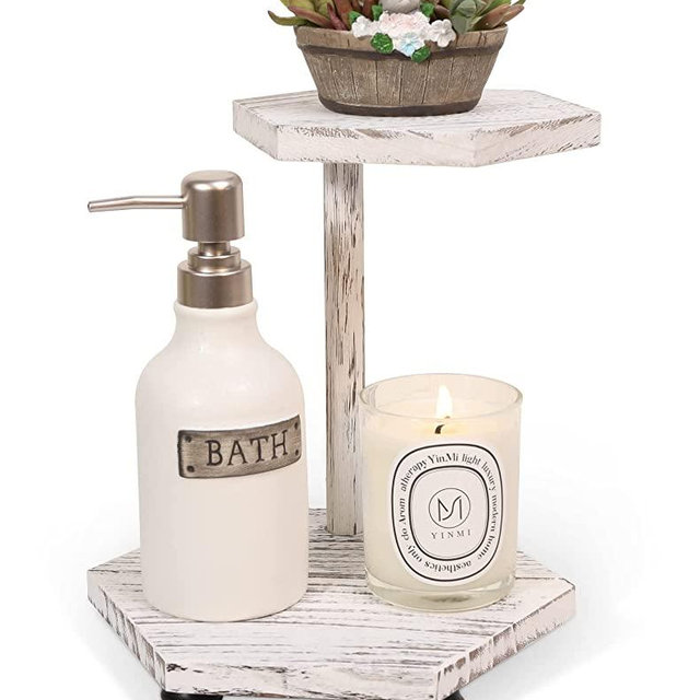 Tikea Hexagonal Wood Riser for Display, 2-Tier Farmhouse Wood Pedestal Stand for Kitchen Bathroom Counter Decor, Decorative Tray for Soap Dispenser, Candle and Plant
