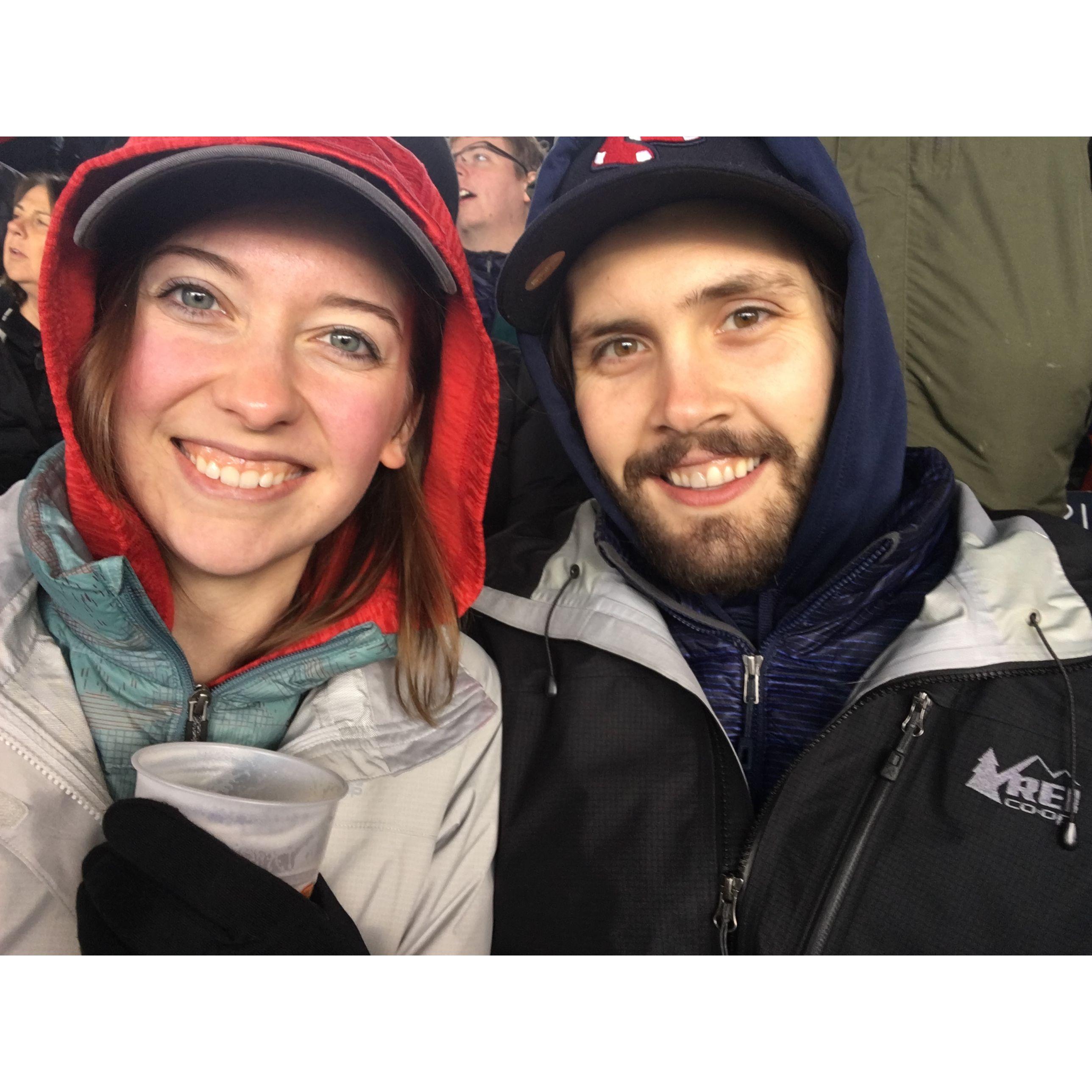 A very cold and wet Opening Day at Fenway following the 2018 World Series win