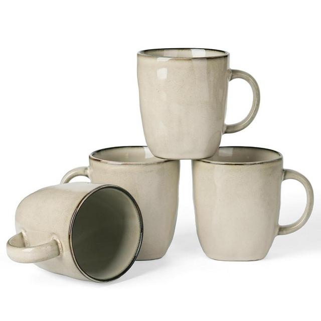 famiware Coffee Mugs Set of 4, Ocean Square 13oz Coffee Cup Set with Handle for Cocoa, Milk, Hot Chocolate, Tea, Water, Stoneware Cups for Kitchen, Microwave and Dishwasher Safe, Light khaki