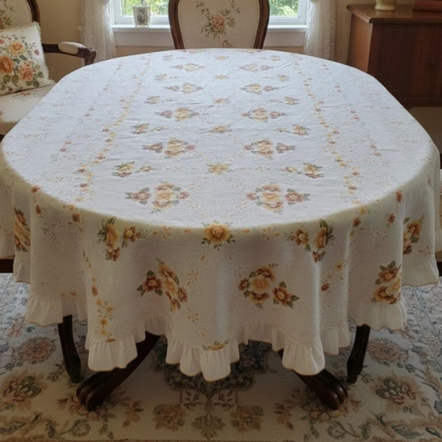 Vtg Yellow Tablecloth Floral Ruffle Edge Table cottage Prairie Oval 59"x74"