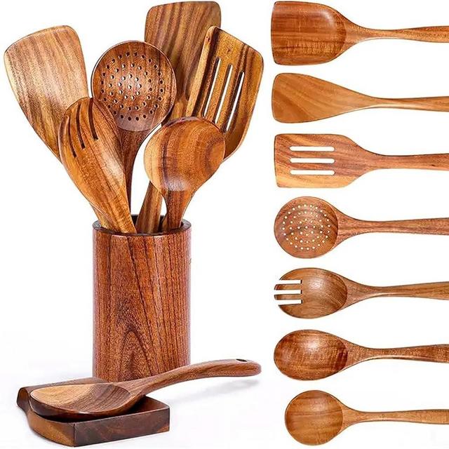 HERLIG Wooden Kitchen Utensil Set, 10 PCS Cookware Spatula Spoon Fork Cooking Utensils Set Teak Wood Herlig premiun Quality Kitchen baking and cooking tools