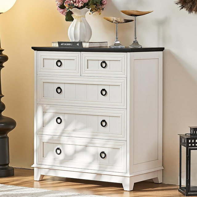 Joaxswe Farmhouse 5 Drawer Dresser for Bedroom, 33.2" Tall Small Dressers & Chest of Drawers, Rustic Wood Dresser with Metal Handle, Storage Organizer Closet for Living Room, Hallway, Entryway