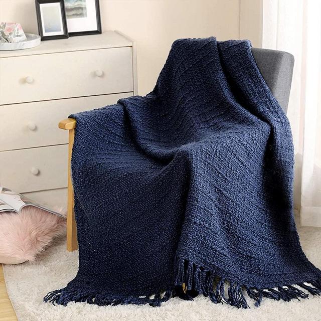 ZIGGUO Thick Chunky Navy Blue Knitted Throw Blanket for Couch Chair Sofa Bed, Chic Boho Style Textured Basket Weave Pattern Blanket with Decorative Fringe, 50"x60"