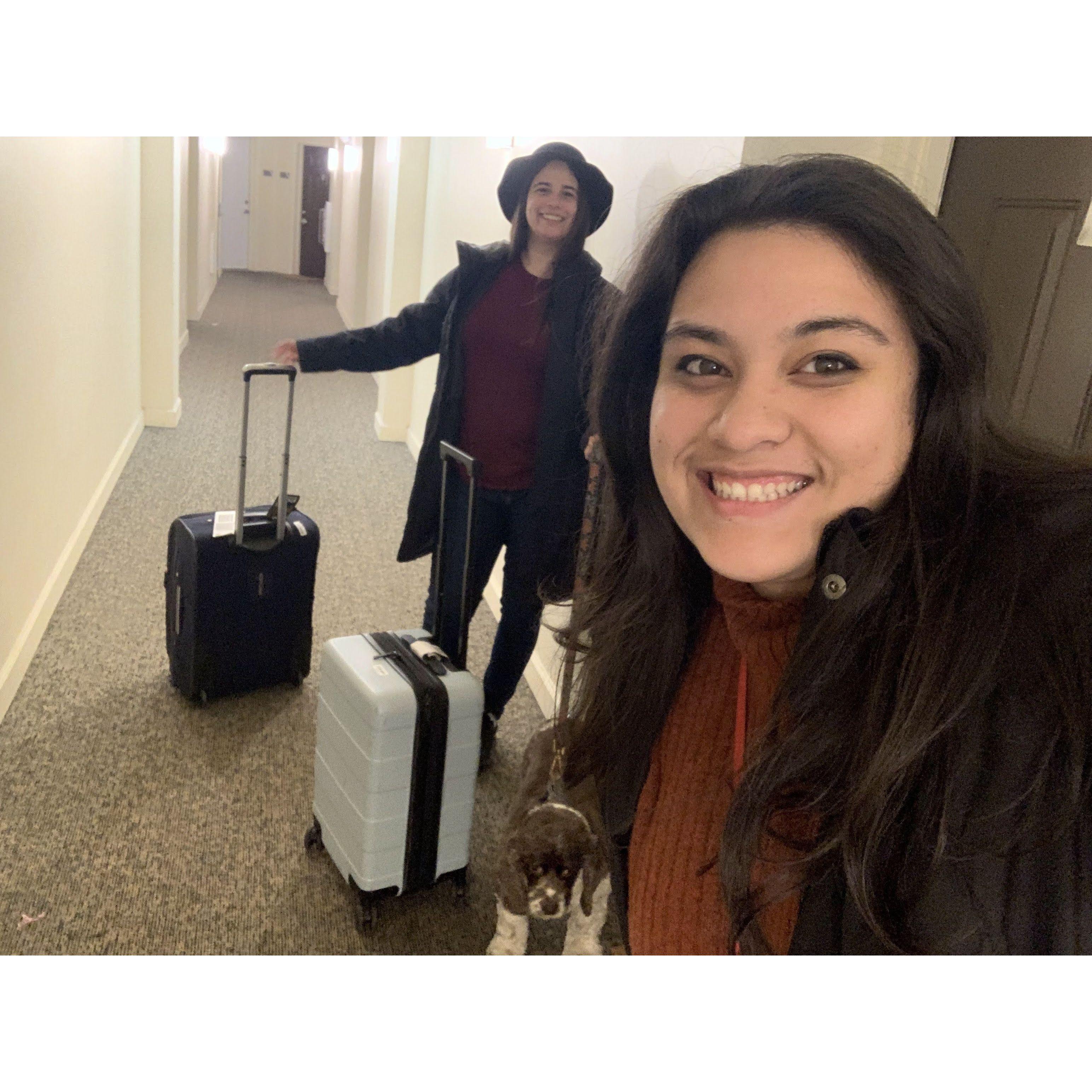Running around at midnight on NYE with our suitcases