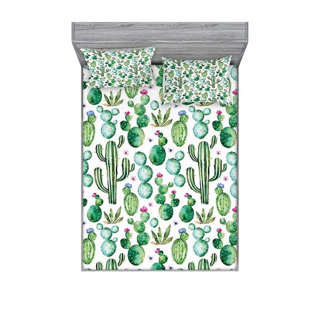 Ambesonne Green Fitted Sheet & Pillow Sham Set, Mexican Texas Cactus Plants Spikes Cartoon Like Print, Decorative Printed 3 Piece Bedding Decor Set, Queen, White Pink