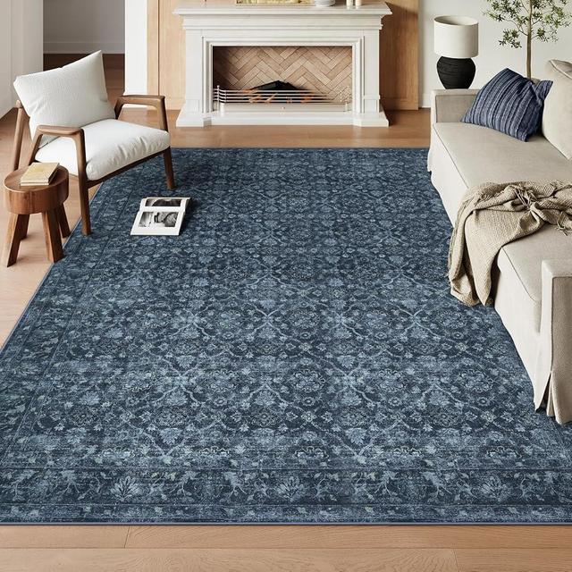 Hedlive Vintage Blue Rugs for Living Room, Ultra-Thin Washable Rugs 8x10 Area Rugs for Bedroom Non Slip, Stain Resistant Vintage Carpet Rug for Dining Room High Traffic Area (8'x10', Blue)