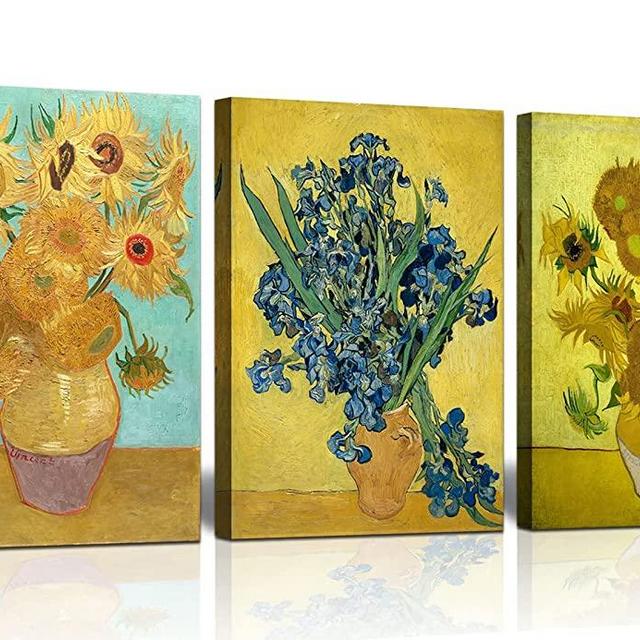 3 Panel Sunflower and Irises by Vincent Van Gogh Oil Paintings Reproduction Modern Floral Giclee Canvas Prints Artwork Flowers Pictures Canvas Wall Art for Bedroom Wall Decor - 16"x24"x3 Piece