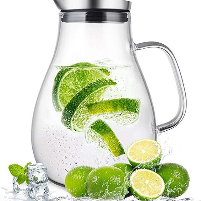 SUSTEAS 2 liter glass pitcher water jug juice carafe with lid and spout for homemade beverage