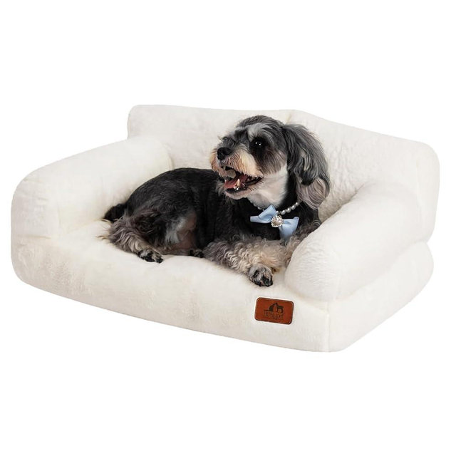 Hollypet Fluffy Plush Pet Cat Couch Soft Calming Pet Sofa Beds for Medium Small Cats and Dogs, White
