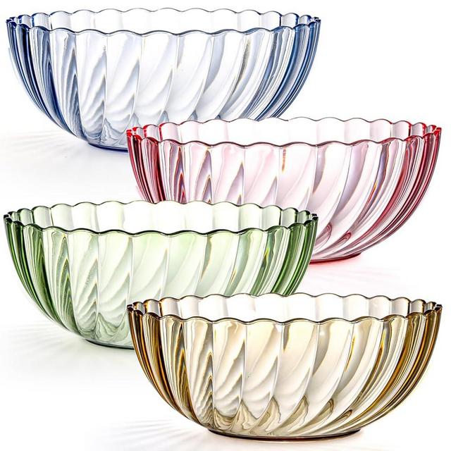 Fasmov 4 Pack Plastic Serving Bowls, Plastic Salad Mixing Bowls, 74oz Break Resistant Plastic Bowls for Salad, Fruit, Popcorn, Chip and Dip, Multicolor