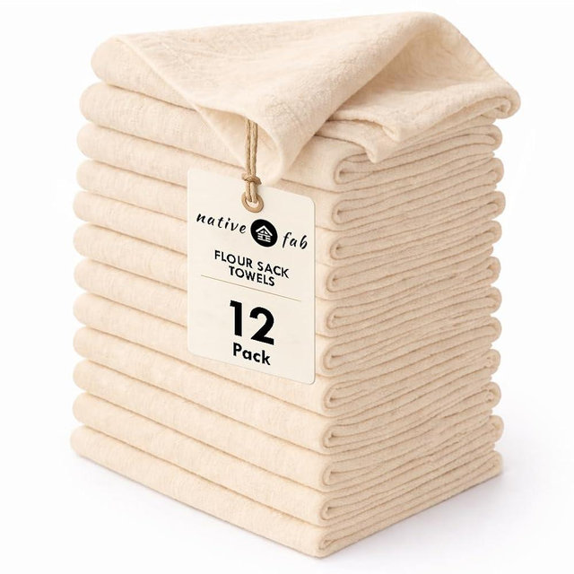 Native Fab Flour Sack Towels 12 Pack, 100% Cotton [28x28 Inch] Highly Absorbent, Premium Quality Cloths, Machine Washable, Suitable for Embroidery, Cooking, Baking, Proofing Dough, Crafting, Natural