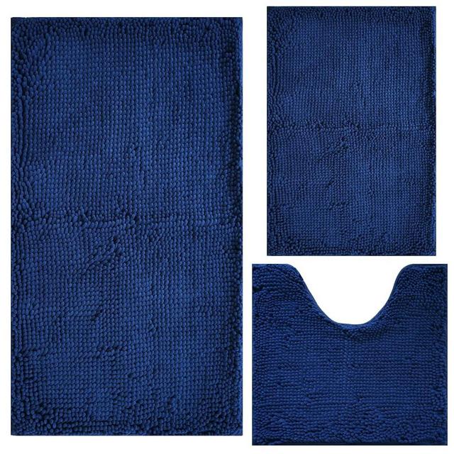 Bathroom Rugs Chenille 3-Piece Extra Soft and Absorbent Shag Bathroom Rugs, Machine Wash Mat, Strong PVC Non-Slip Underside, Plush Carpet Mats (Navy Blue)