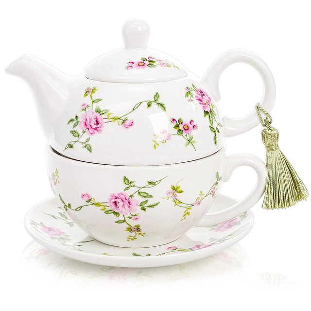 Coloch Tea for One Set, Porcelain Teapot Cup and Saucer Set with Tassel Vintage Floral Ceramic Tea Set for One for Women, Home, Office, Afternoon Tea, Rattan Flower Design