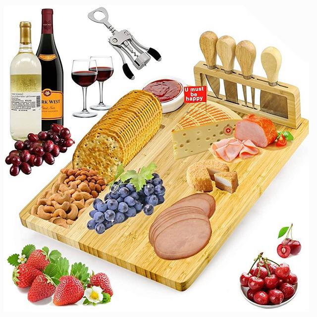 Complete Bamboo Cheese Board and Knife Set - 7 PCS Charcuterie Board Set Include Cheese Knives with Knife Holder Ceramic Bowl&Wine Opener for Meat Wine Cheese
