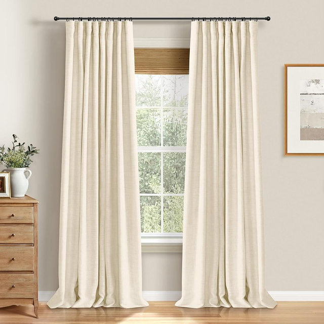 100% Blackout Shield Full Blackout Curtains for Bedroom 102 inch Length 2 Panels Set, Clip Rings/Rod Pocket Faux Linen Black Out Curtains for Living Room, Thermal Insulated, 50Wx102L, Butter Cream
