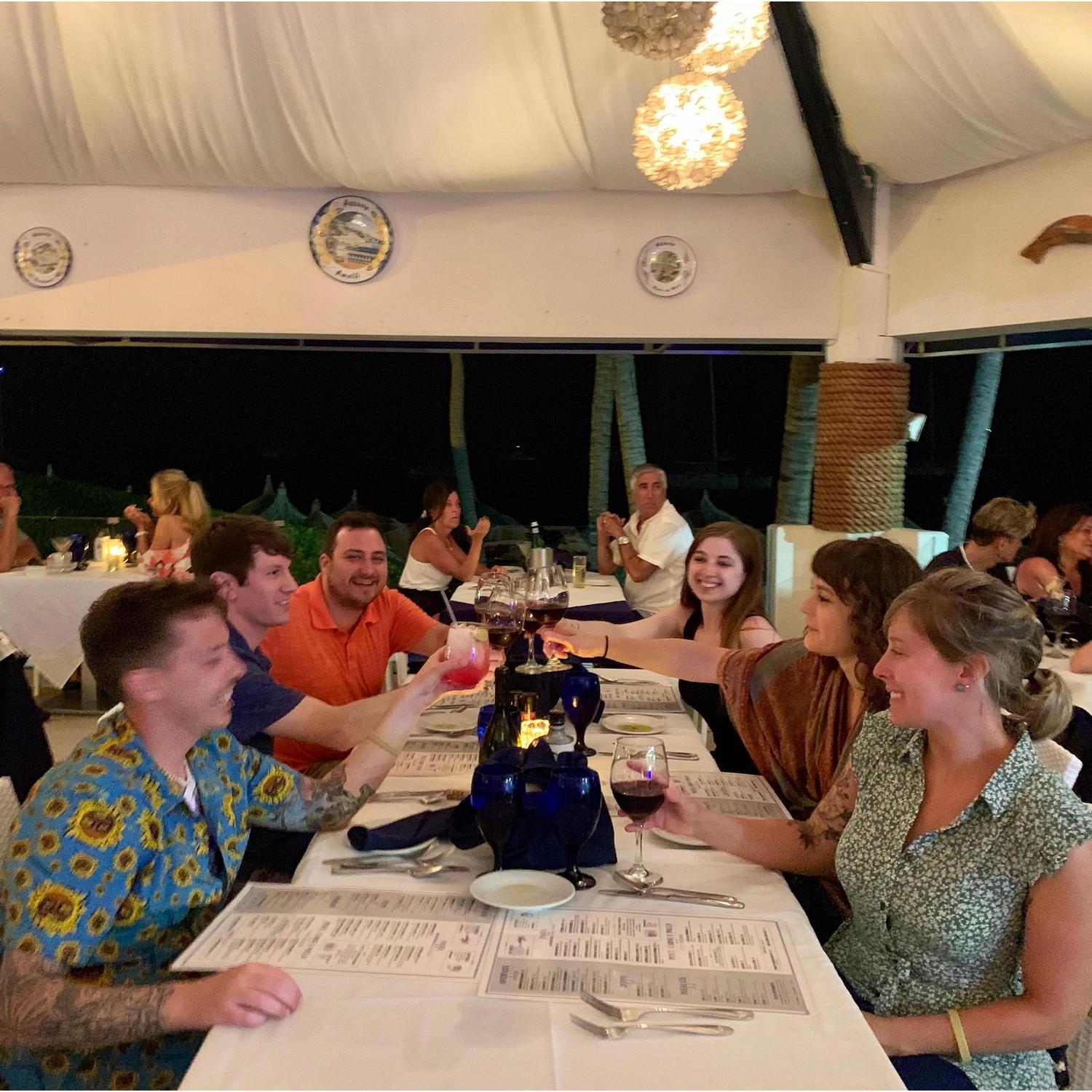 2019 - Post-engagement dinner with the great friends who helped Josh pull off the surprise. Meg, Tony, Pat, and Steph will all be part of our wedding party.