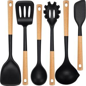 Kitchen Utensils Set, Large Non-stick Silicone Cooking Utensils Set 6 Pcs, Wooden Handle Heat Resistance Silicone (Black)