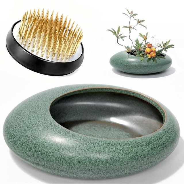 Flower Frog Vase Kit, 2-Inch Brass Florist Frog for Arrangements and Green Ceramic Water Drop Pot, Elegant Ikebana Flower Holder for Cut Flowers, Floral Decor Kit