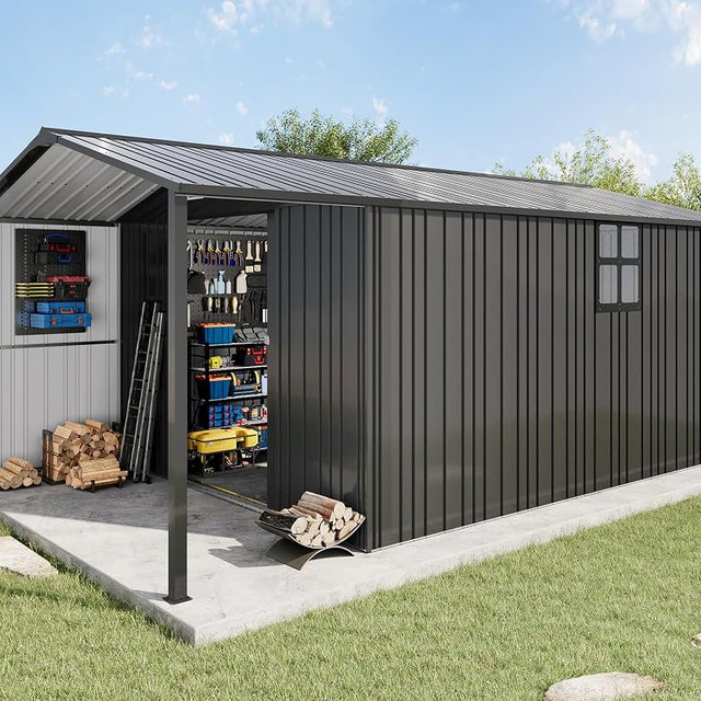 AMERLIFE 10x16.6x7.3 FT Outdoor Storage Shed with Lounge Area, Metal Shed with Sliding Doors, 2 4-Pane Windows & 4 Vents, Heavy-Duty Weather-Resistant Steel for Backyard & Garden, Dark Gray