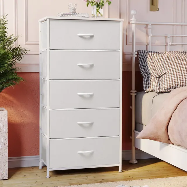 Crestlive Products Vertical Large Dresser Widen and enlarge Storage Tower with Sturdy Steel Frame Wood Top Easy Pull Fabric Bins White