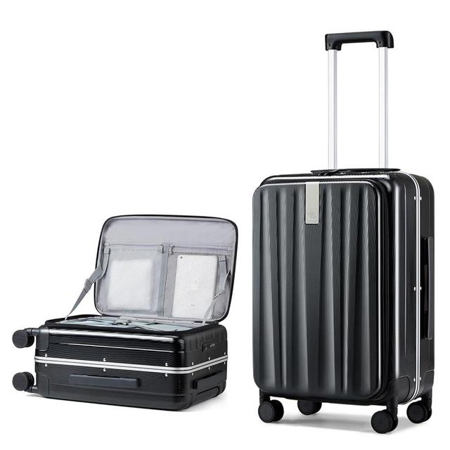 Hanke 24 Inch Checked Luggage PC Hard Shell Suitcases for Travel Front Opening Aluminum Frame Travel Luggage Rolling Suitcase with Wheels.(Jet Black)