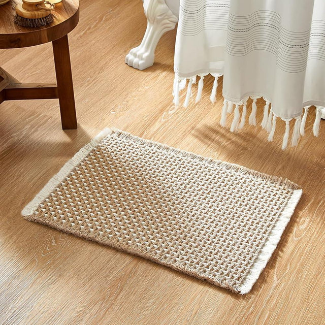 TYUU Boho Bathroom Rugs, Super Absorbent Non Slip Bath Mat Quick Dry Bath Rugs Washable Farmhouse Bathroom Rugs for Bathroom with Non Slip Rug Pad, Khaki and White 24"x16"