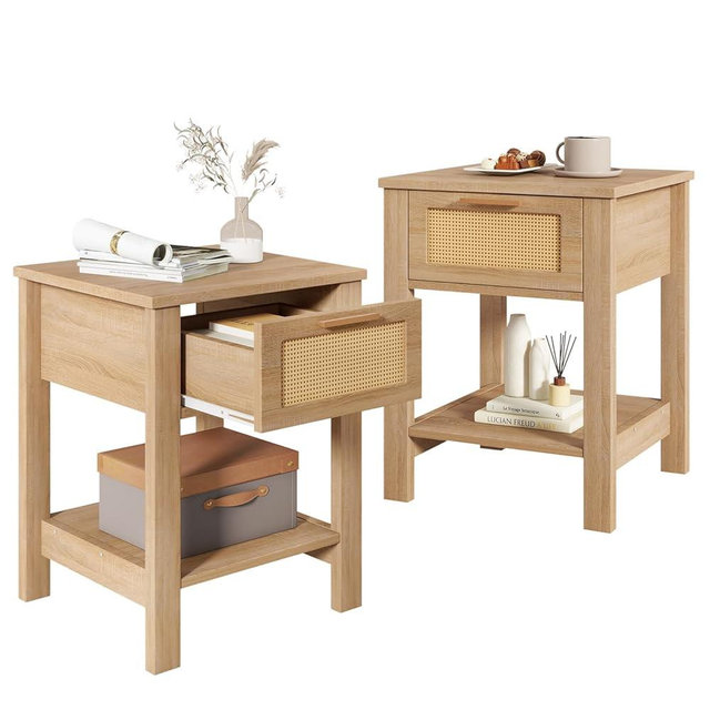 IBUYKE Rattan Nightstand Set of 2, Night Stand with Drawer and Storage Shelf, Boho Bedside Tables, Farmhouse End Side Table for Bedroom, Natural UWNS011N-2