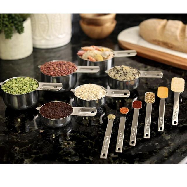 Measuring Cups and Measuring Spoons Set. Includes 12 Stainless Steel Measuring Cups and Spoons.
