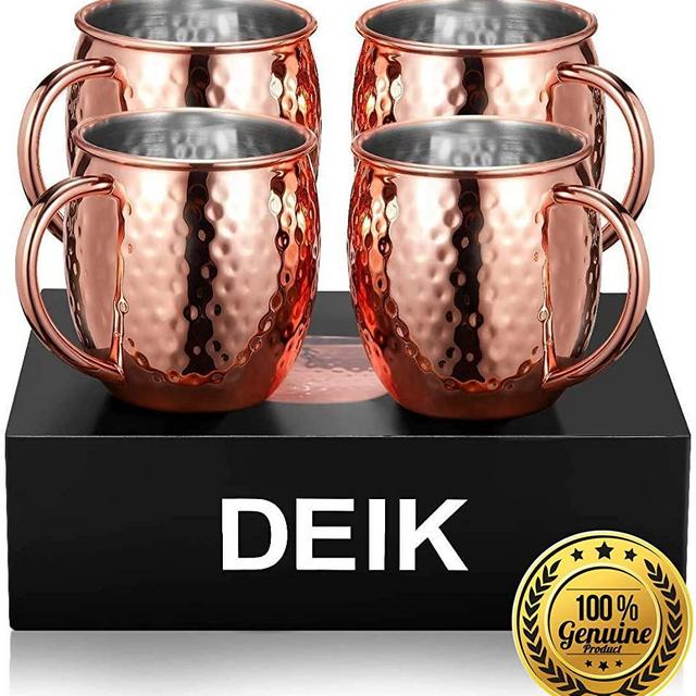 Deik Moscow Mule Mugs Set Moscow Mule Hammered Copper 16 oz Drinking Mug Cold Drink Rose Gold Cup with Brass Handles,Set of 4 Rose Gold