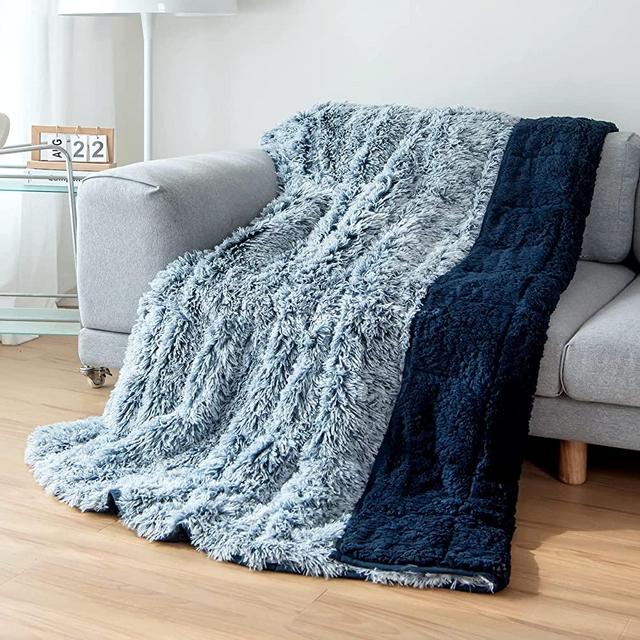 Cottonblue Weighted Blanket 15lbs for Adults, Soft Fuzzy Luxurious Fluffy Shaggy Long Fur Heavy Blanket, Sherpa Dual Side Cozy Warm Throw Blanket for Bed Couch Sleeping, Morandi Blue, 48x72 inches