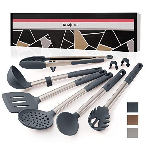 REMIHOF Silicone Kitchen Utensil Set - Nonstick Silicone and Stainless Steel Cooking Utensils - Spatula Turner Ladle Pasta Server - Best Culinary Gift Set (6pcs, DarkGrey)
