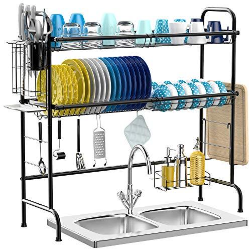 iSPECLE Over The Sink Dish Drying Rack, 2-Tier Premium 201 Stainless Steel Large Dish Rack with Utensil Holder Hooks Stable Bend Foot for Kitchen Countertop Space Saver Non-Slip Black