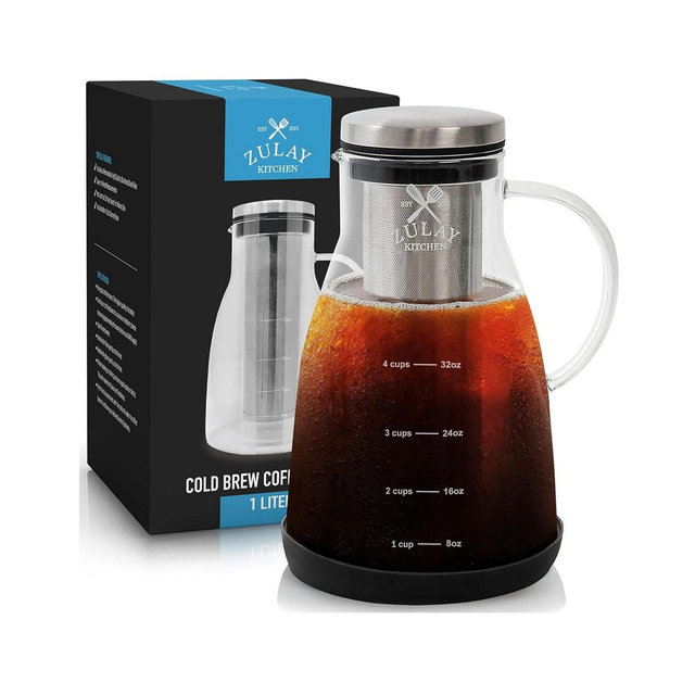 Zulay Kitchen Airtight Cold Brew Coffee Maker with Extra Thick Glass Carafe, Stainless Steel Mesh Filter, and Non-Slip Silicone Base