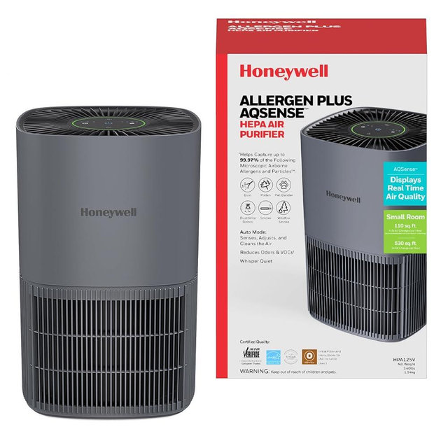 Honeywell Allergen Plus AQSense™ HEPA Air Purifier for Home, Bedroom & Pets, 530 sq ft Coverage, Air Quality Sensor, Auto Mode, Sleep Mode, 3-in-1 Filter, Smoke & Odor Reducer, AHAM Verifide, Grey
