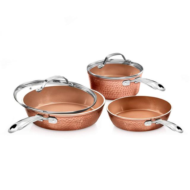 Gotham Steel Premium Hammered Cookware – 5 Piece Ceramic Cookware, Pots and Pan Set with Triple Coated Nonstick Copper Surface Aluminum Composition for Even Heating, Oven, Stovetop Dishwasher Safe