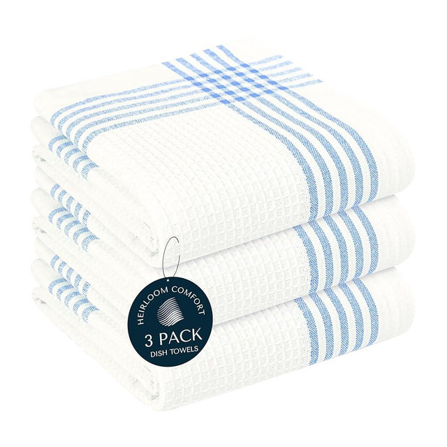 HEIRLOOM COMFORT Sky Blue and White Cotton Kitchen Towels 3 Pack, 16x26 Inch, Waffle Weave, Quick Dry, Absorbent, Durable Dish Towels for Drying, Cleaning, Cooking, Daily Kitchen Use