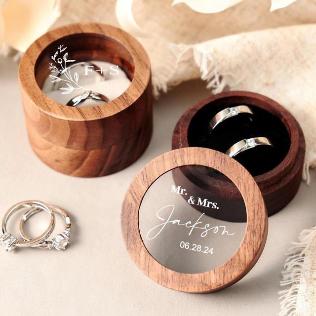 Personalized Wooden Wedding Ring Box with Clear Acrylic Cover, Custom Engraved Engagement Proposal Holder, Bridal Gift For Her