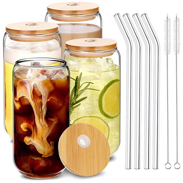4Pcs Set Drinking Glasses with 4 Bamboo Lids and 8 Glass Straws