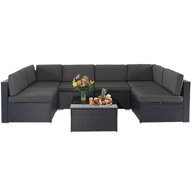 Crownland 7-Piece Outdoor Patio Furniture Sets, All-Weather Black Wicker Rattan Sectional Sofa, Modern Glass Coffee Table and Washable Seat Cushion with YKK Zipper (Grey)
